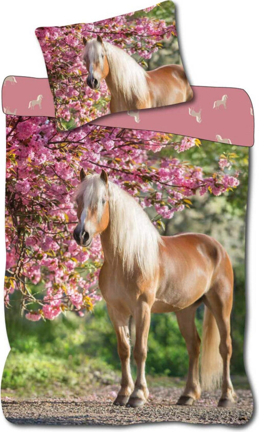 Hest sengetøy 140x200 cm - Vendbart sengesett med motiv av en hest under et kirsebærtre - 100% mykt bomulls sengetøy