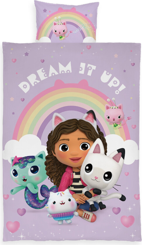 Junior sengesett 100x140 cm - Vendbart sengetøy med Gabby's Dollhouse og regnbue - 100% bomulls sengetøy
