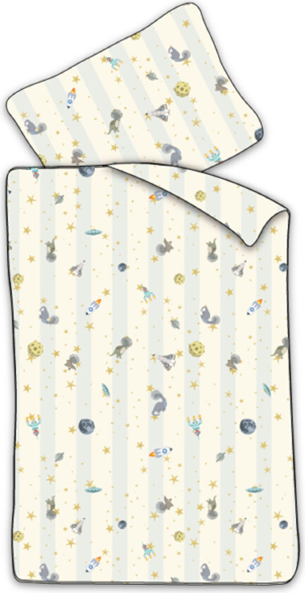 Junior sengetøy 100x140 cm - Hvitt stripet sengesett med dinosaurer og romraketter - 100% mykt bomulls sengetøy