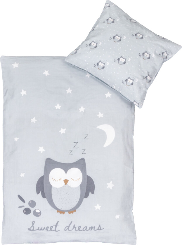 Ugle sengetøy 70x100 cm - Blått baby sengesett med sovende ugle - Vendbart motiv - 100% bomulls sengetøy - Nordstrand Home