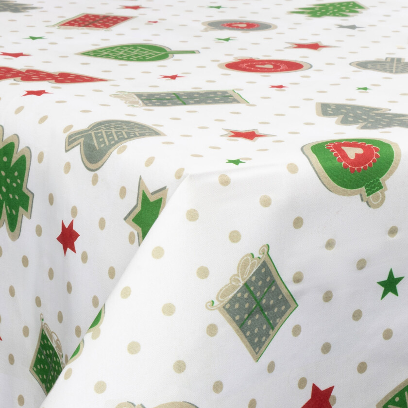 Tekstil voksduk med akrylbelegg - 30 meter på rull - Med julemotiv - Christmas dots and charms - 140 cm bred tekstilduk
