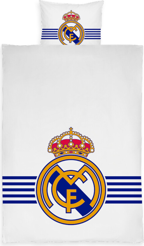 Real Madrid sengetøy - 150x210 cm - Hvitt vendbart sengesett med logo - 100% bomulls sengetøy - Fotball sengetøy