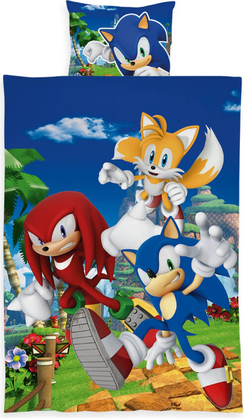 Sonic sengetøy 140x200 cm - Vendbart sengesett med Sonic The Hedgehog og venner - 100% mykt bomullssengetøy