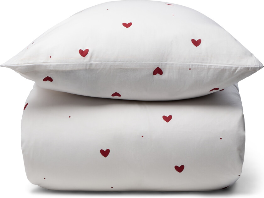 Sengetøy 100% bomull - 140x200 cm - Hvitt sengesett med fine røde hjerter - Nordstrand Home mykt dynetrekk