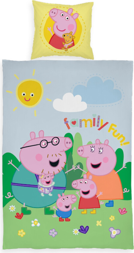 Junior sengetøy 100x140 cm - Vendbart sengesett med Gurli Gris, Gustav Gris og Evie Gris - 100% bomulls sengetøy