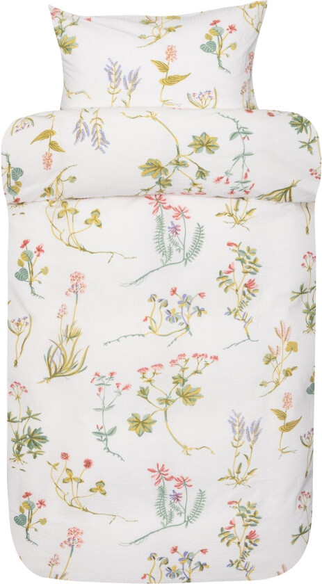 Vævet kreppsengetøy 140x200 cm - Hvitt sengesett med blomster - 100% myk bomull - Kreppsengetøy - Fiona Høie Of Scandinavia