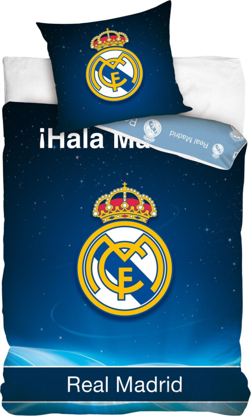 Real Madrid sengetøy - Blått vendbart sengesett med logo og tekst - Hala Madrid - 140x200 cm - 100% bomulls sengetøy - Fotball sengetøy