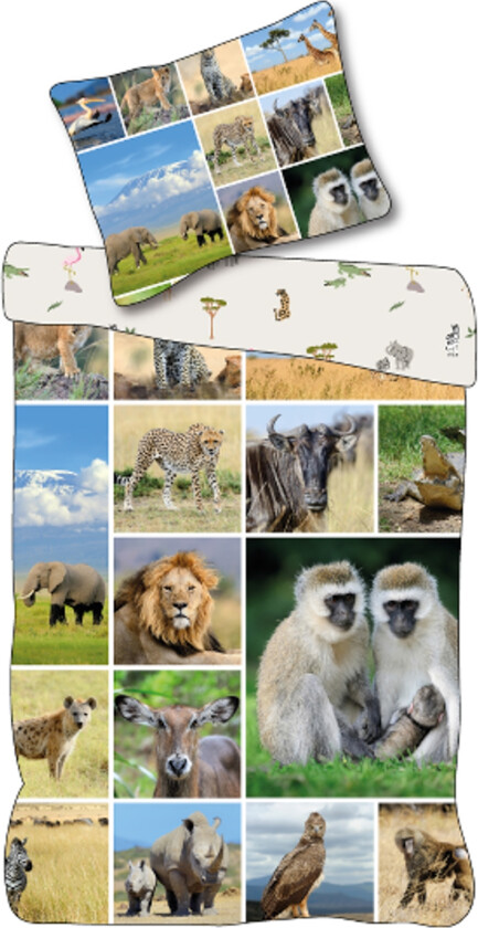 Barne sengetøy 140x200 cm - Vendbart sengesett med safari dyr - 100% mykt bomulls sengetøy