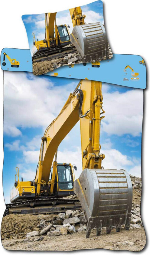 Barnesengetøy 140x200 cm - Vendbart sengesett med en gul gravemaskin - 100% mykt bomulls sengetøy