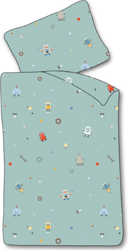 Baby sengetøy 70x100 cm - Blått sengesett med små roboter - 100% mykt bomulls sengetøy