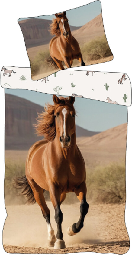 Hestesengetøy 140x200 cm - Vendbart sengesett med en flott brun hest - 100% mykt bomulls sengetøy