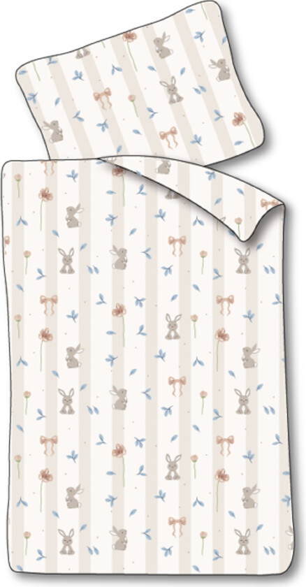 Junior sengetøy 100x140 cm - Hvitt stripet sengesett med kaniner og blomster - 100% mykt bomulls sengetøy
