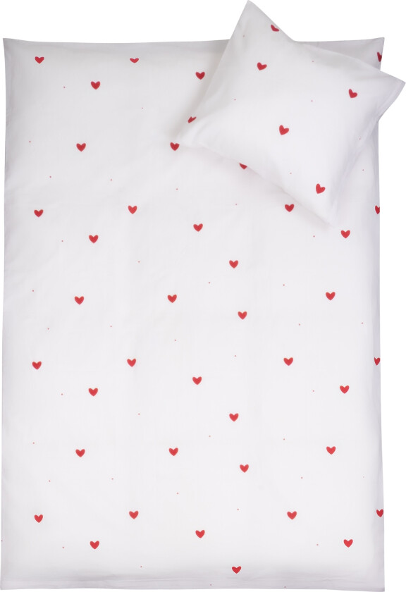 Baby sengetøy 100% bomull - 70x100 cm - Hvitt sengesett med fine røde hjerter - Nordstrand Home mykt dynetrekk