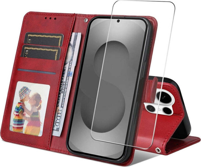 Samsung Galaxy S26 Ultra ENKAY 2-i-1 Kunstskinn Flip Deksel med Skjermbeskyttelsesglass - Rød