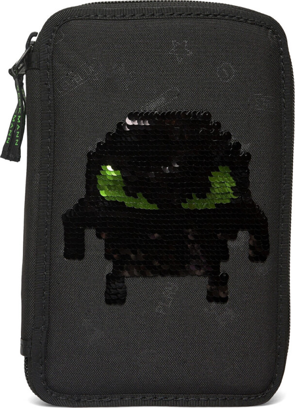 Three Section Pencil Case With Content, Pixel - Black - ONE SIZE