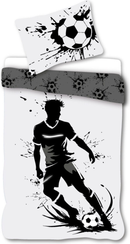 Fotball sengetøy 140x200 cm - Hvitt sengesett med sort fotballmotiv - Vendbart design - 100% bomulls sengetøy