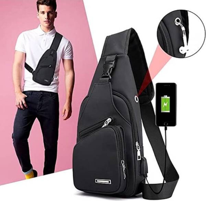 Crossbody-veske – med USB-ladeport – Herre – Brystveske – Tyverisikring – Svart