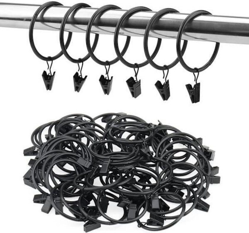 60 stk metallgardinringer med klips, 50 mm svarte gardinklips, draperiklips, gardinringer for vindusstenger, dusjforheng