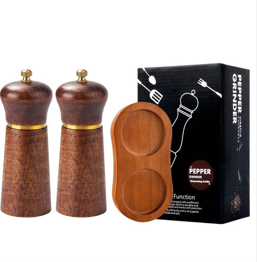 5-tommers Retro Farge Eik Pepperkvern Sett med Eikebase - Manuell Kvern for Krydder og Urter