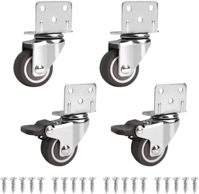 Sett med 4 svingbare hjul for møbler, inkludert 2 med 32 mm brems. Små møbelhjul - 360 graders rotasjon, 60 kg lastekapasitet, små svingbare hjul