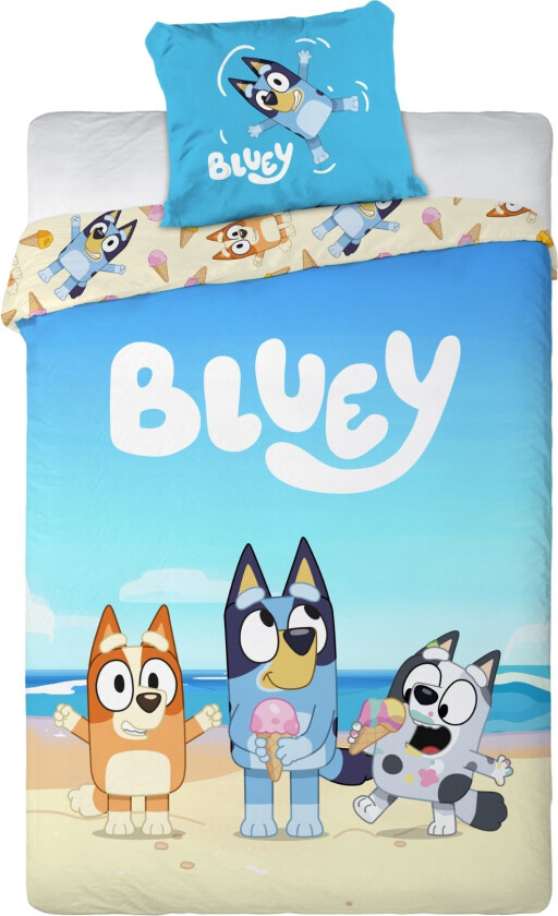 Bluey sengetøy 100x140 cm - Junior sengesett med Bluey og Bingo på stranden - Vendbart dynetrekk - 100% bomulls sengetøy