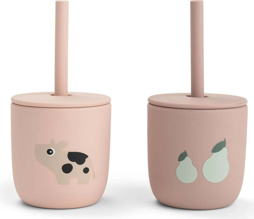 Silicone straw cup 2-pack - Tiny farm Powder - Kop:Ø7 x H 7 cm. Sugerør: 13,5 cm.