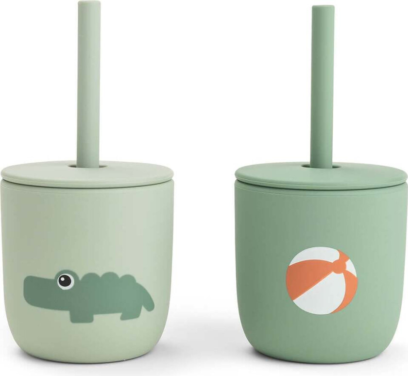 Silicone straw cup 2-pack - Playground Green - Kop:Ø7 x H7 cm, Sugerør: 13,5 cm