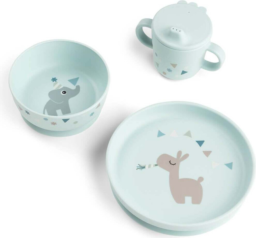 Foodie dinner set with suction - Celebration Blue - Plate:Ø 18 x H 3 cm, Bowl: Ø 12.5 x H 5.5 cm, Cup: Ø8 x H 9 cm