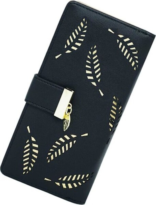 Dames Lommebok Hullet Bladmønster Todelt Lær Dame Lang Lommebok Lommebok Glidelås Håndveske Knapp Clutch Bag (Svart)
