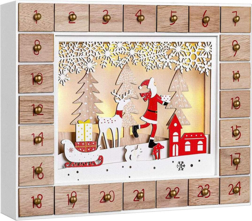 Adventskalender i tre med LED-lys – gjenbrukbar, 24 dører