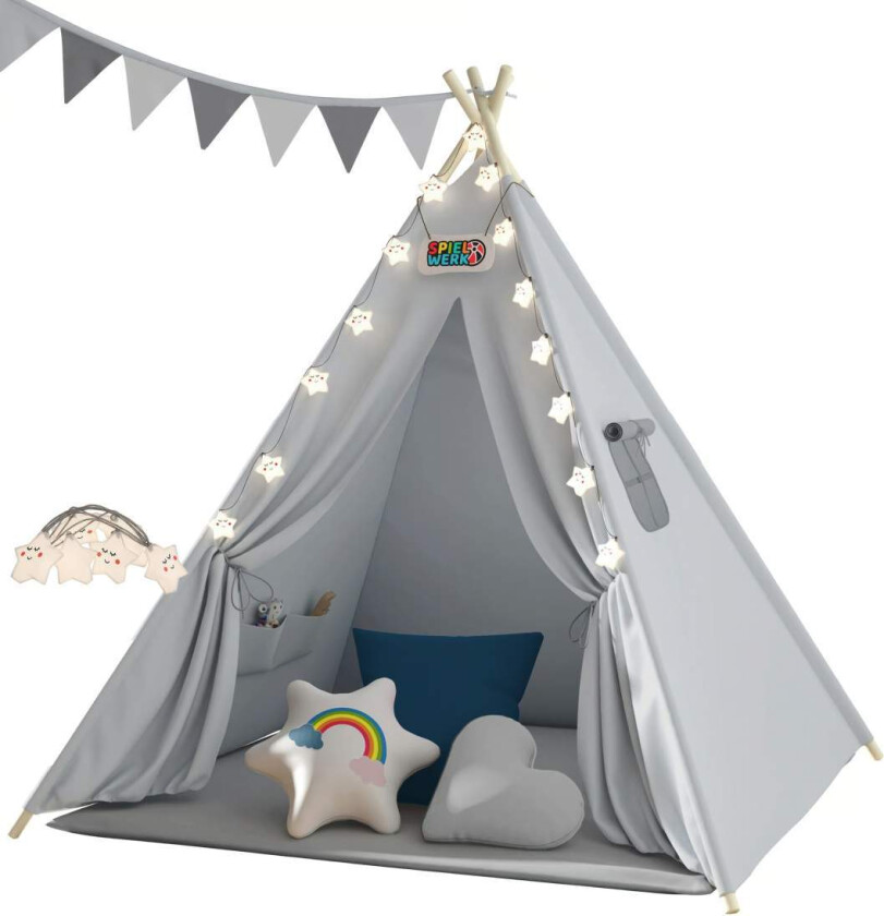 Barnetelt med matte, lys og puter – grått 120x160 cm