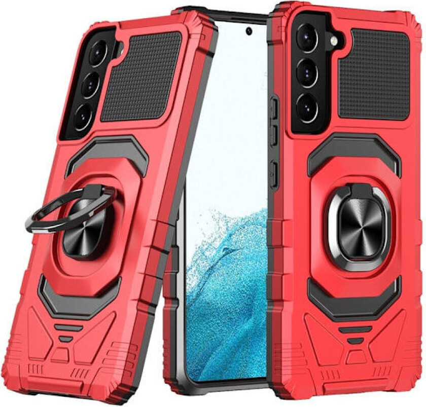 Slitesterkt hardplastdeksel med myk innside og kickstand for Samsung Galaxy S22 - Rød