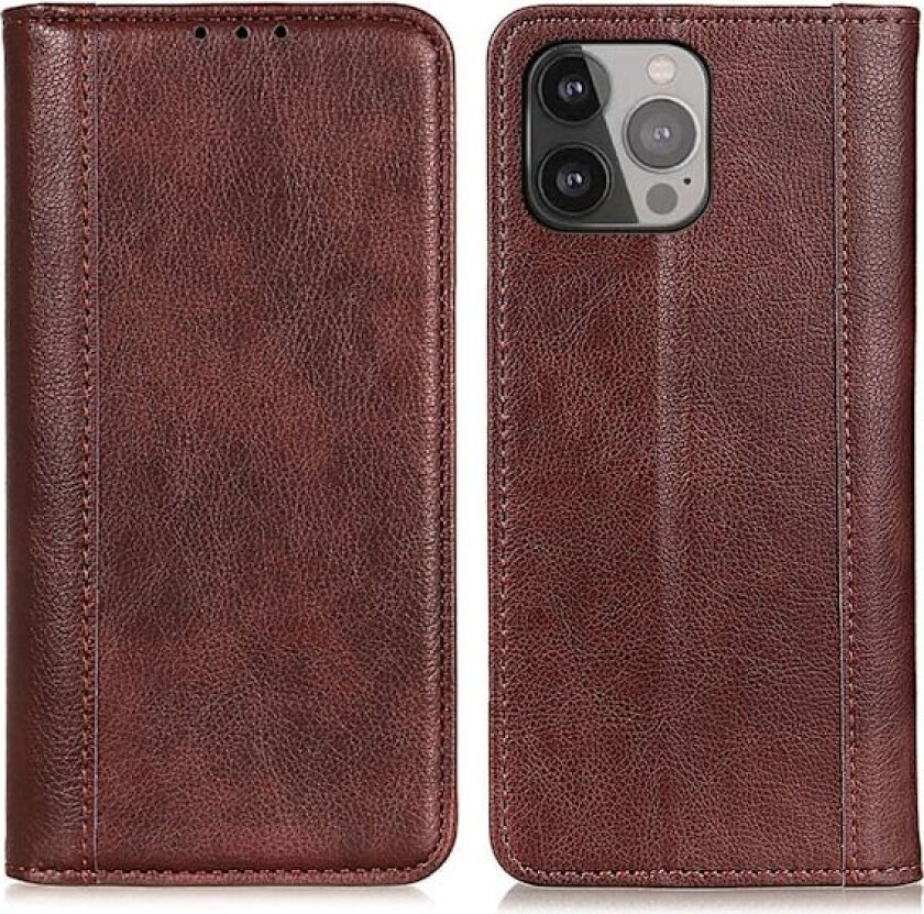 Ekte lærdeksel med magnetisk lukking for iPhone 13 Pro Max - Brun