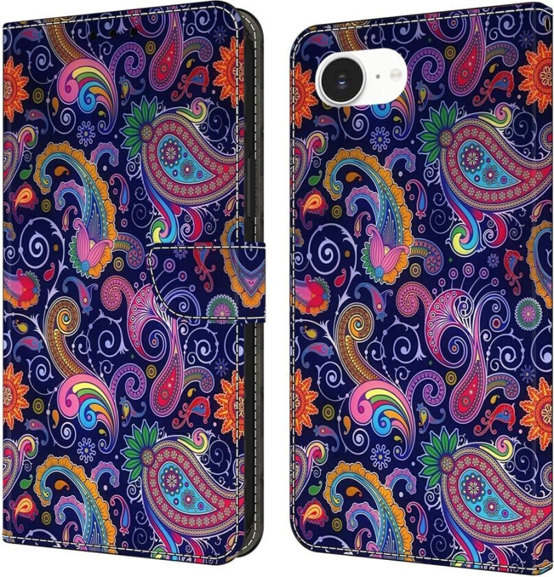 iPhone 16e lommebokveske med mønstermønster som trykker på stativ, flip-telefondeksel i lær - Etnisk Vintreet