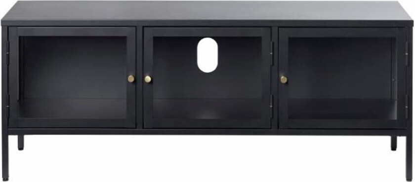 Plysj TV-bord, m. 3 dører - glass og svart metall (132x40,3)