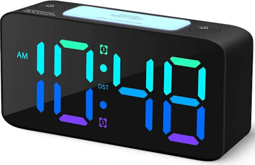 Ekstra Høy Vekkerklokke for Tunge Sover, Digital Klokke med 7-fargers Nattlampe, Justerbar Volum, Dimmer, USB-lader, Små Klokker for Soverom