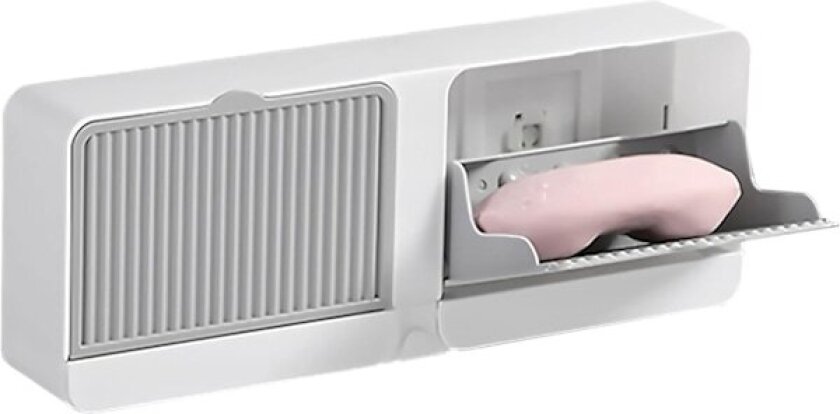 1 stk. Støvtett såpeholder for dusjvegg, selvklebende veggmontert såpeskål, plastisk såpebeskytter uten boring med drenering, hvit-grå