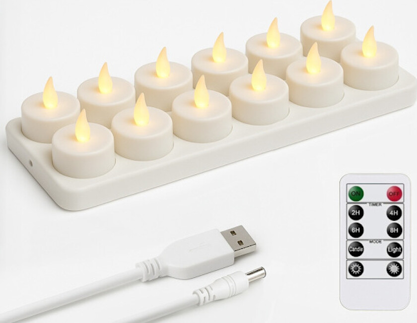 12-pakning - Oppladbare telys / LED-lys med kontroll og timer