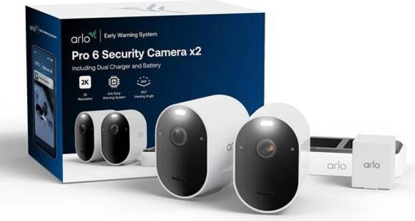 Pro 6 2K+ overvåkningskamera, 2-pakning + Dobbel batterilader + ekstra batteri