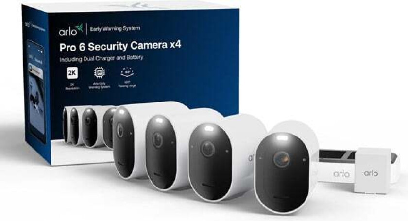Pro 6 2K+ overvåkningskamera, 4-pakning + Dobbel batterilader + ekstra batteri