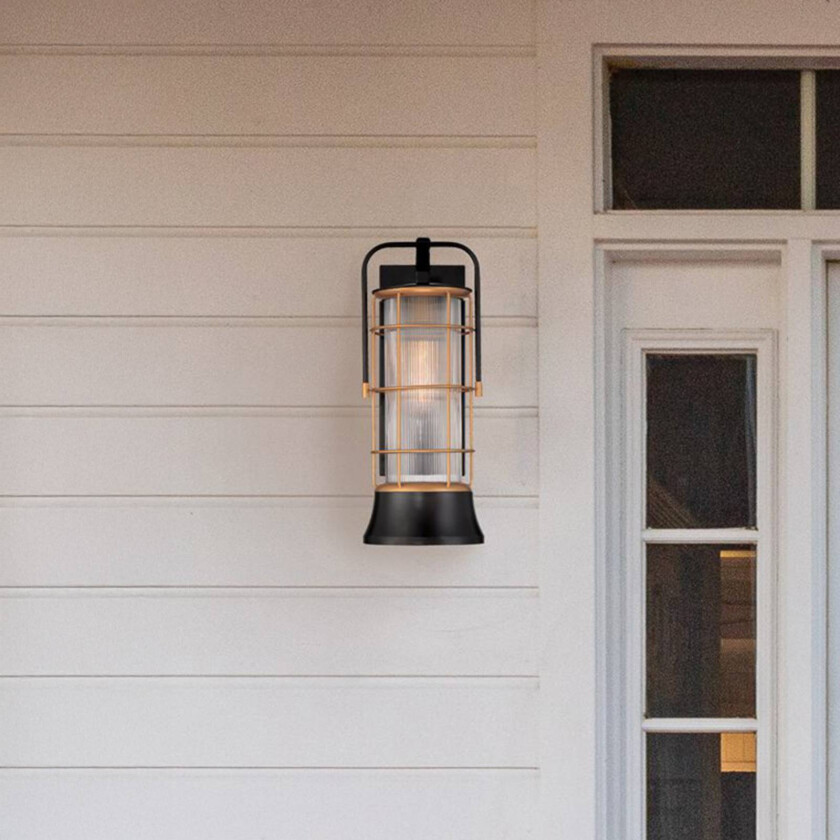 Utendørs vegglampe RIVAMAR, høyde 41 cm, svart/gull, IP44 E27