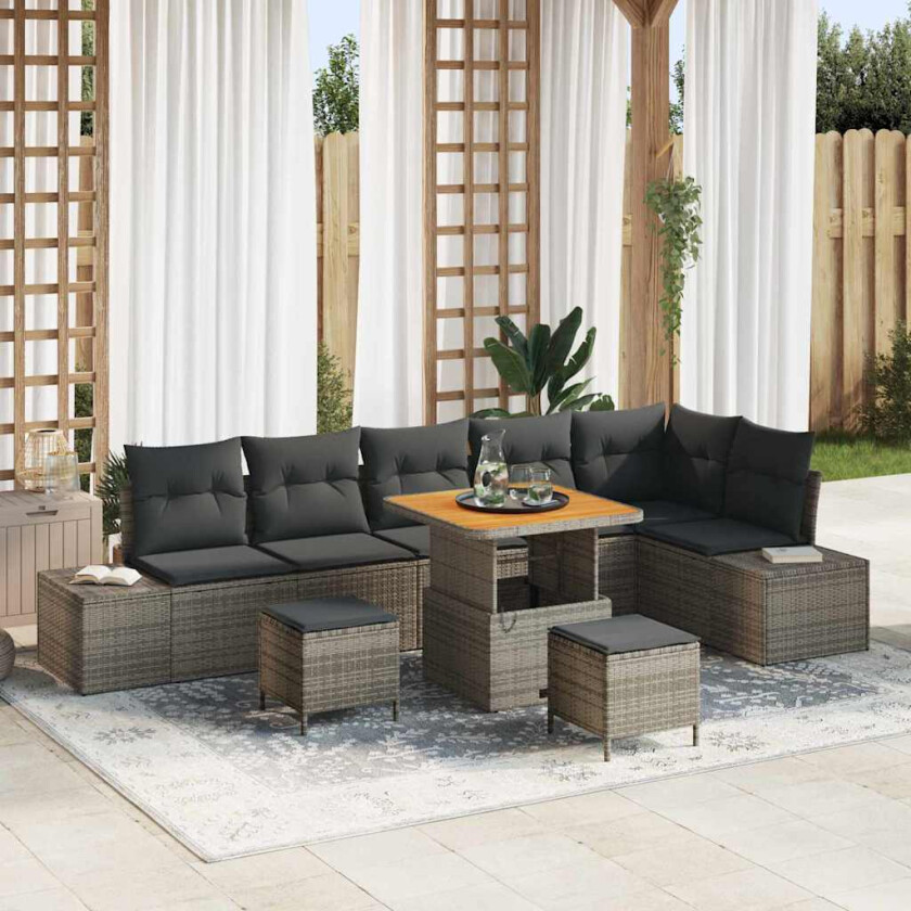 Hagesofa Set med pute med lagring 9 pcs Grå Poly rattan