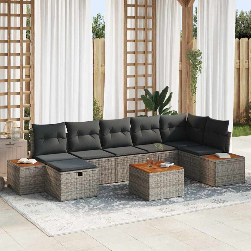 Hagesofa Set med pute 8 pcs Grå Poly rattan