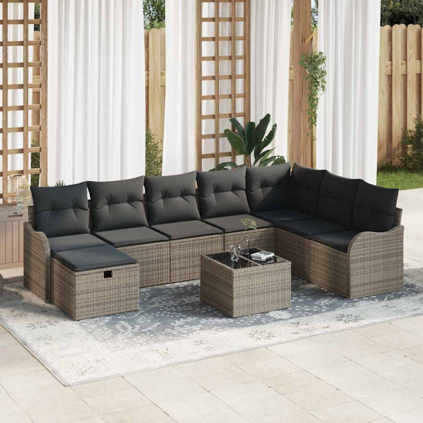 Hagesofa Set med pute med lagring 9 pcs Grå Poly rattan