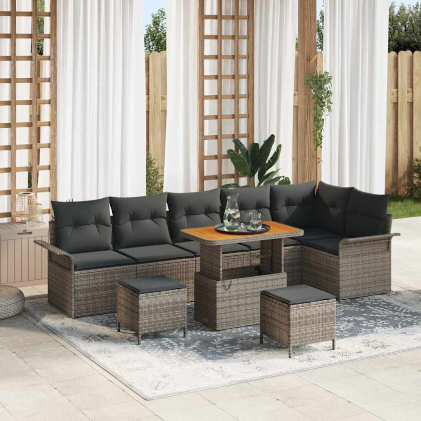 Hagesofa Set 9 pcs Grå Poly Rattan og Stål og Solid akasietre