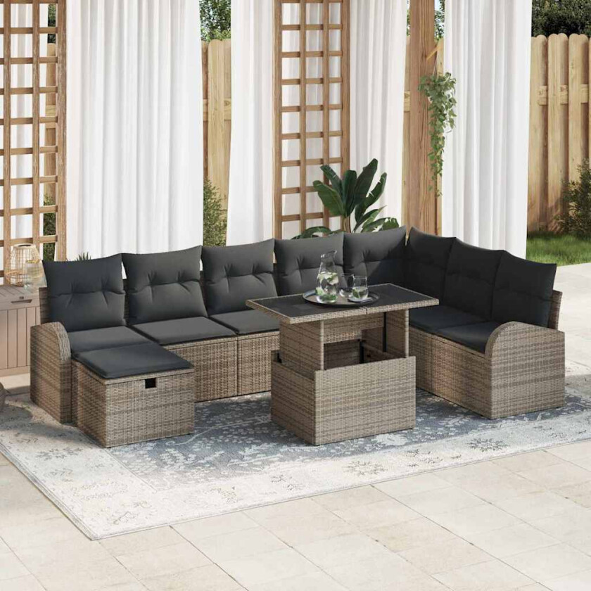 Hagesofa Set med pute med lagring 9 pcs Grå Poly rattan