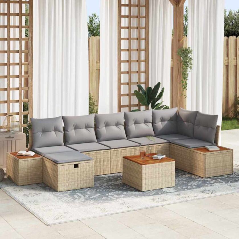 Hagesofa Set med pute 8 pcs Beige Poly rattan