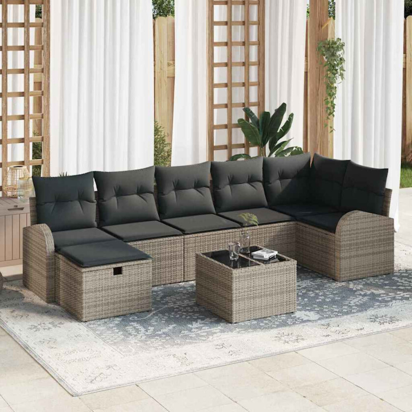 Hagesofa Set med pute med lagring 8 pcs Grå Poly rattan