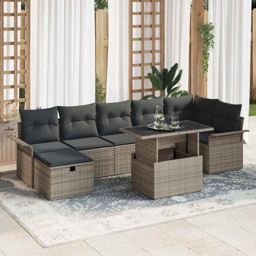 Hagesofa Set med pute med lagring 8 pcs Grå Poly rattan