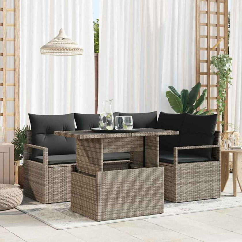 Hagesofa Set med pute med lagring 5 pcs Grå Poly rattan
